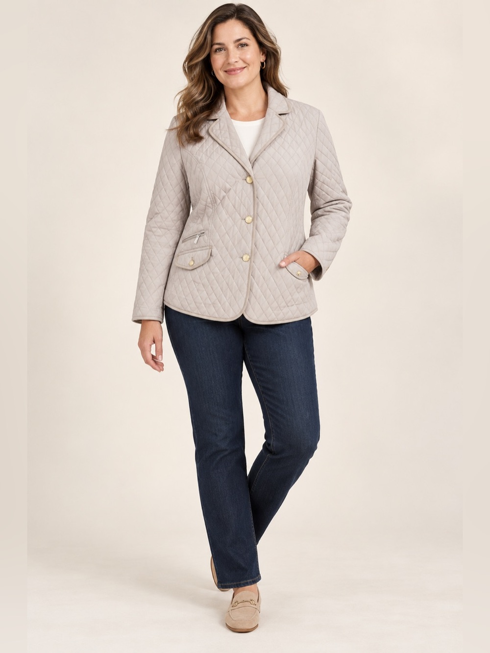 Talbots Size 16 Beige Quilted Blazer Jacket Gold Buttons